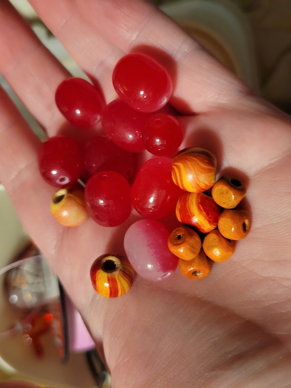 Red Glass And Orange + Yellow Orange Wooden Beads - Picture 2 of 3